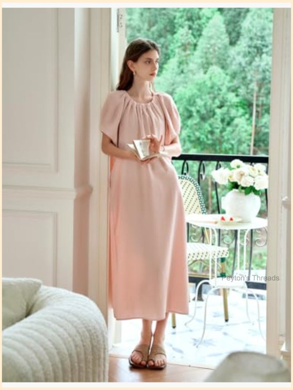 Puff Sleeve Loose Maxi Dress, Elastic Crew Neck, Pleated Casual Midi Dress - Picture 6 of 7